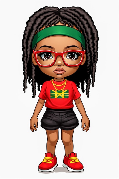 Photo black little girl wearing tshirt and shorts glasses curly rapper 3d hip hop style ai generated