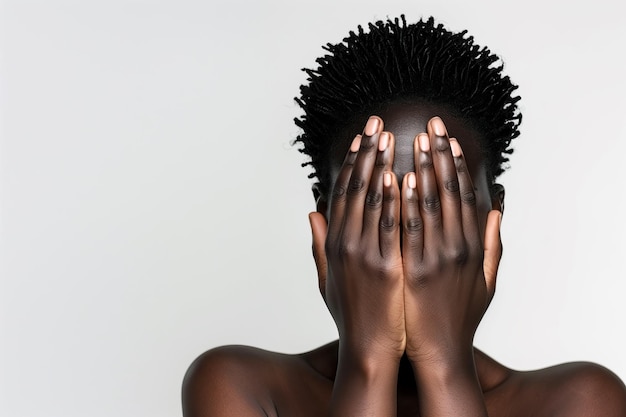 Photo black lives matter concept with young female with curly hairs covering her face with both hands