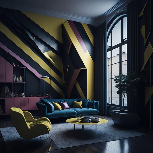 Black living room with free space with rainbow details