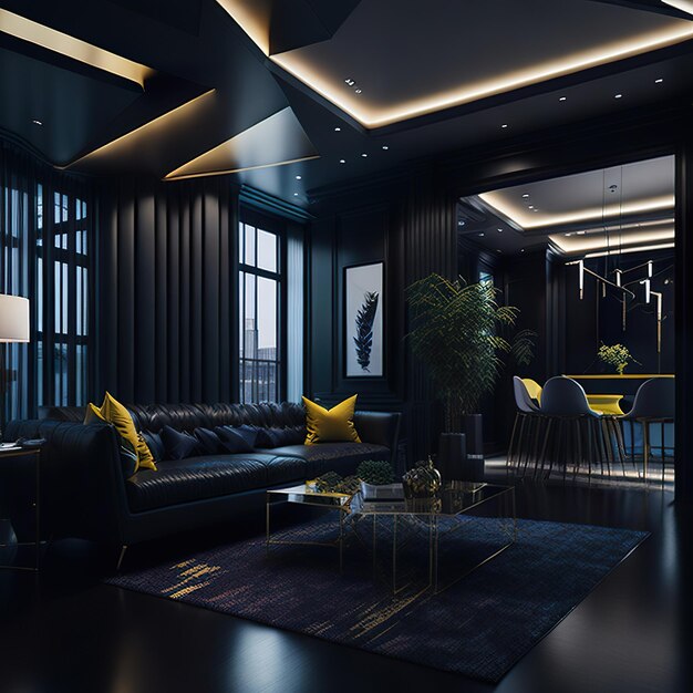 Black living room with free space with rainbow details