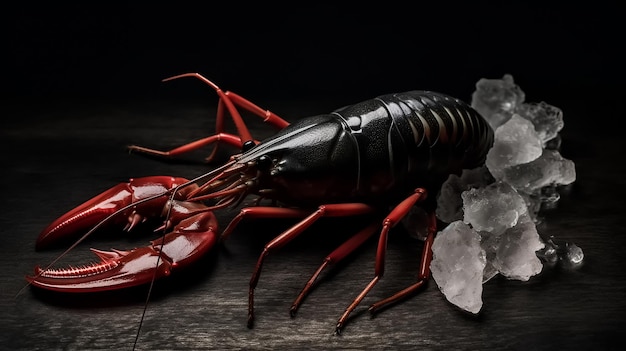 A black lobster sits next to a pile of crystals.