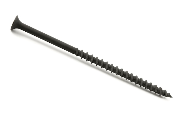 Black long screw solid steel closeup on white