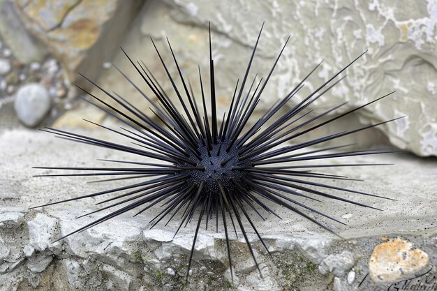 Foto orzo marino nero a spine lunghe su superficie rocciosa naturale con sfondo texturato