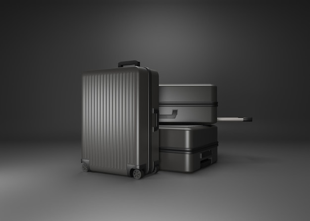 Black luggage set on dark background black and dark classic luggage mockup