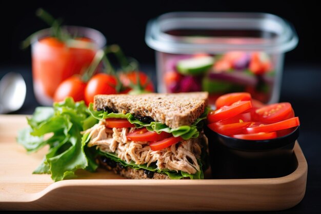 Black lunchbox with a chicken salad sandwich