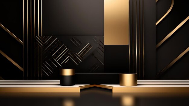 Black luxury background with 3d shapes and gold elements