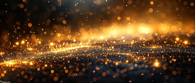 A black luxury background with golden line elements and light ray effects in the decoration and bokeh