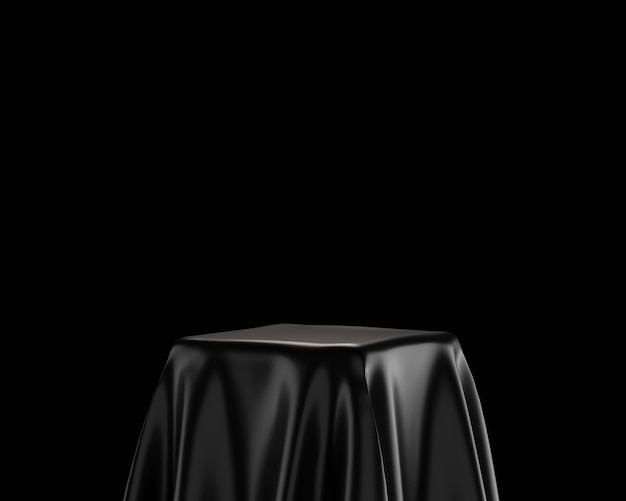 Black luxury fabric podium pedestal empty presentation product 3d backdrop of show silk stand studio scene background or abstract space elegant display and table showcase platform on dark room stage