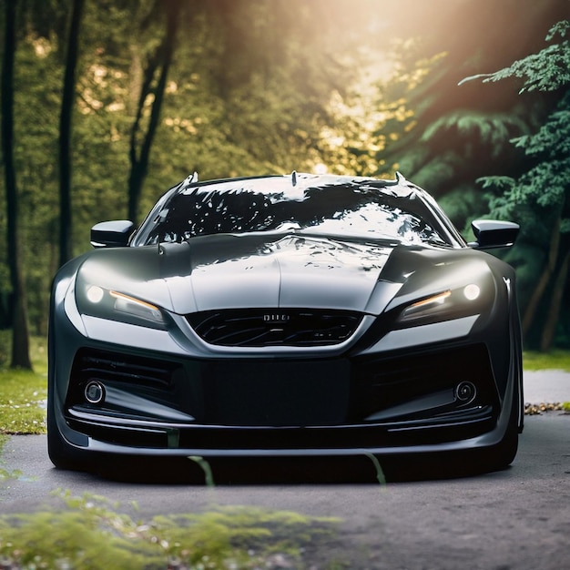 Black luxury sport coupe parking with lights on in the forest 45611