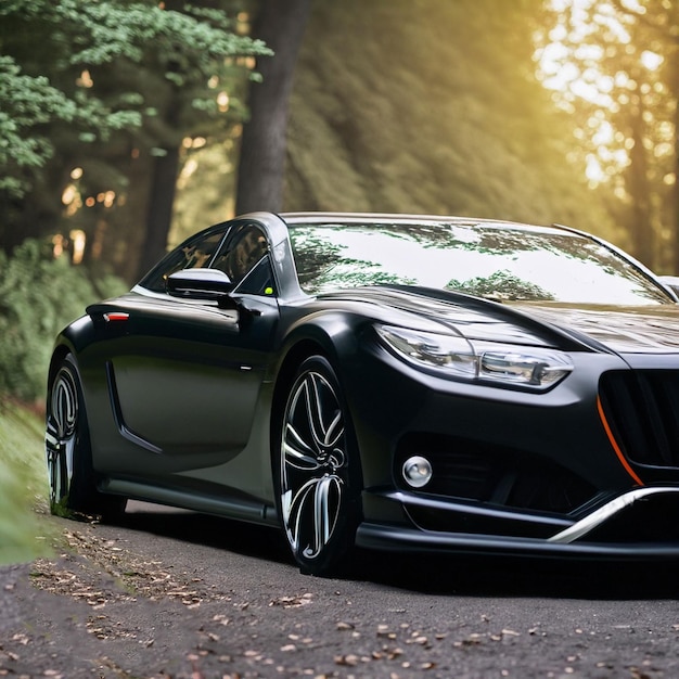 Black luxury sport coupe parking with lights on in the forest 45612