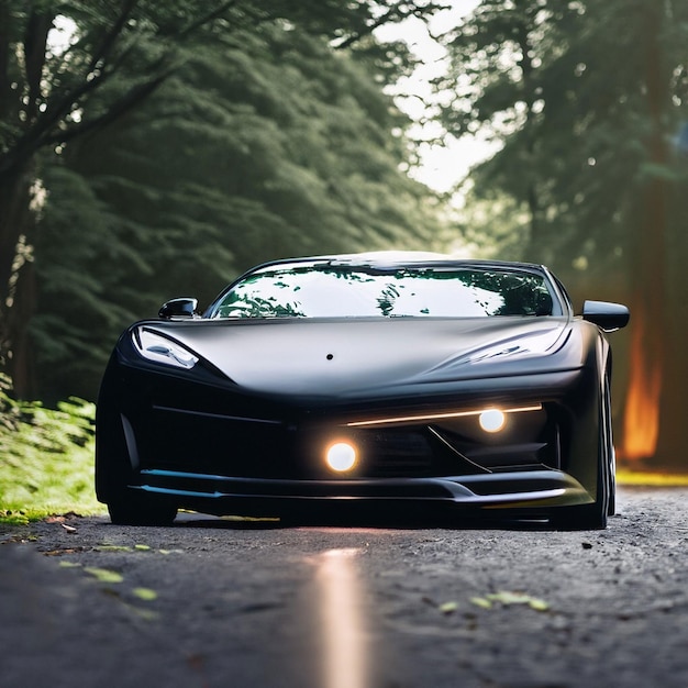 Black luxury sport coupe parking with lights on in the forest 45614