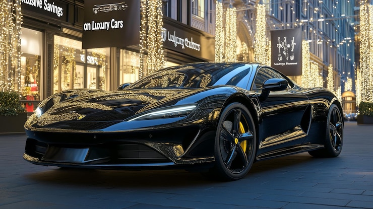Photo 黒い豪華なスポーツカーが夜にクリスマスのライトでシティ・ストリートに
