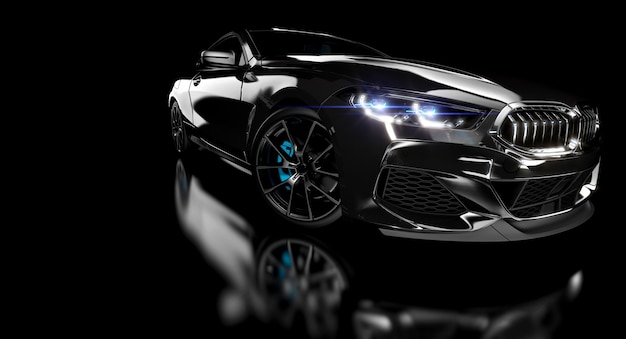 Black luxury sports car on dark background.