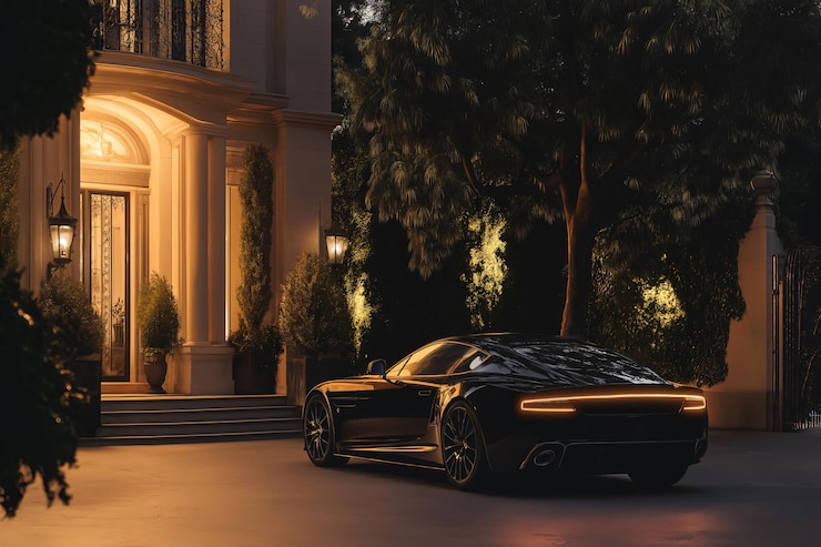 Photo black luxury sports car is parked in the driveway of a mansion at twilight illuminated by warm lights