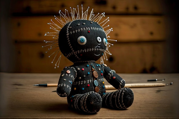 Black magic voodoo doll with pins on table