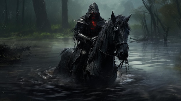 Black Magick Knight Dark And Spooky Medievalist Horse Riding In A Swamp