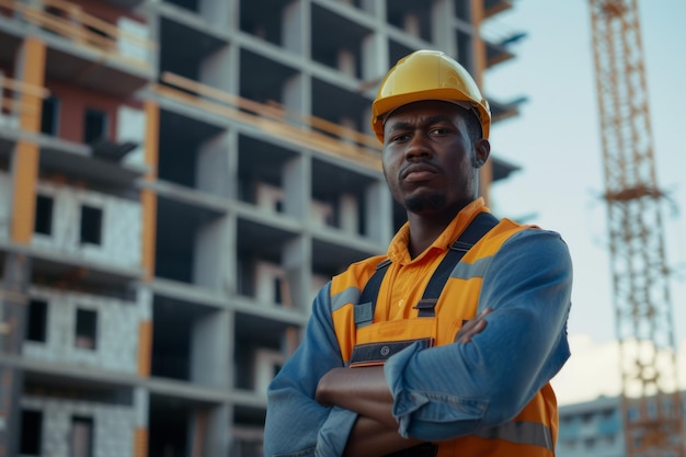 Black male construction worker in overall helmet near site with building work