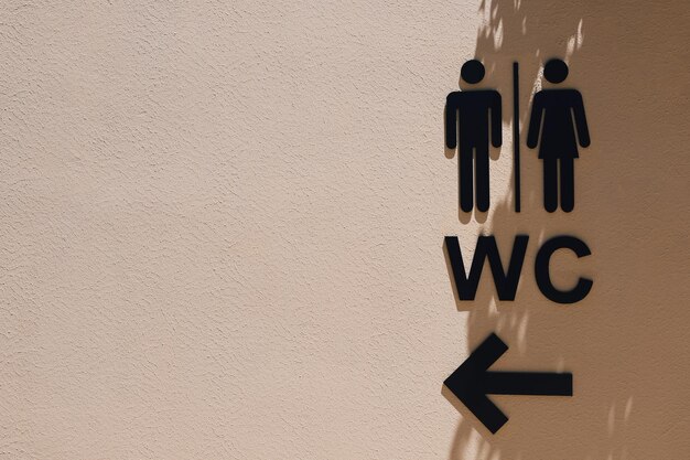 Black male and female public restroom sign with right direction on the wall with shadowsToilets man and woman icon WC sign icon