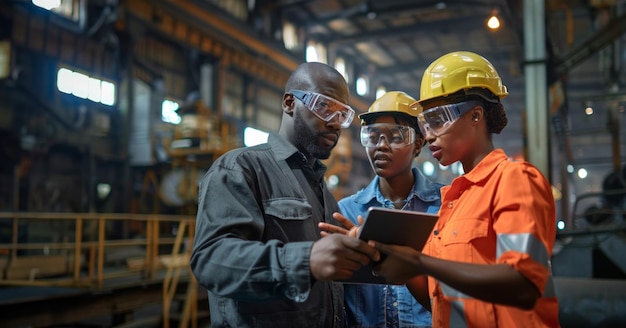 A black male and female wearing safety glasses work together in an industrial setting holding an iPad Collaboration safety teamwork industrial technology concept