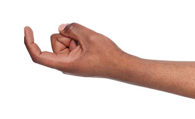 Black male hand beckoning isolated on white background. African american man gesturing with one finger, come here symbol