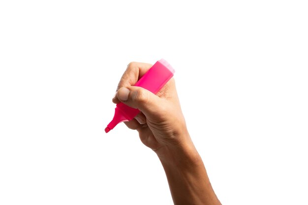 Black male hand holding a pink marker pen highlighter isolated no background