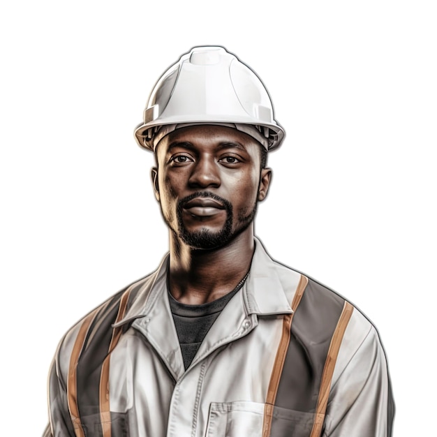 black male labor worker with grey suit and white safety helmet on white isolated background