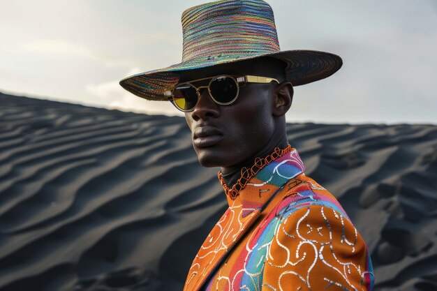 Photo a black male model in colorful futuristic fashion and a distinctive hat on black sand dunes