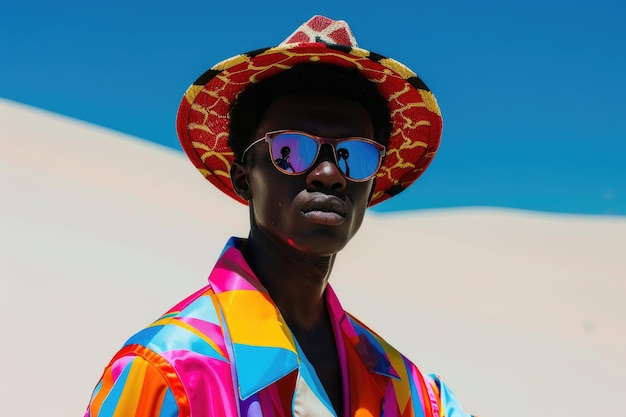 晴れた空の下の砂丘に現代的な帽子をかぶったカラフルな幾何学的な服を着た黒人男性モデル