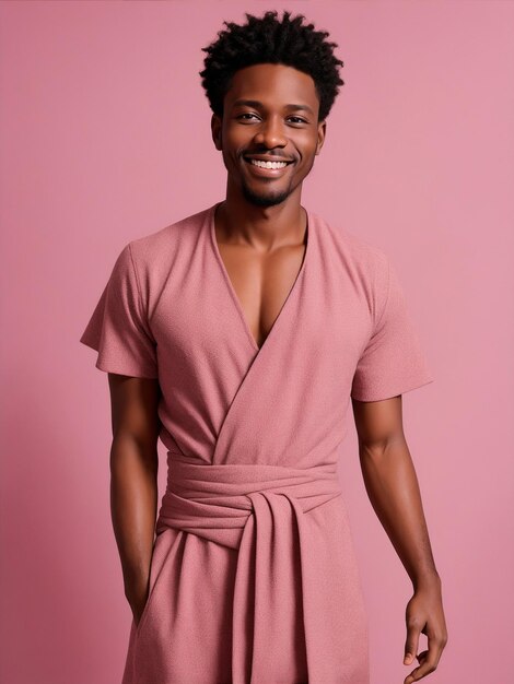 ピンクのスタジオの背景に写真のためにポーズをとる黒人男性モデル