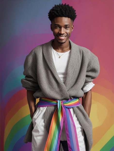 Photo black male model posing on a rainbow background