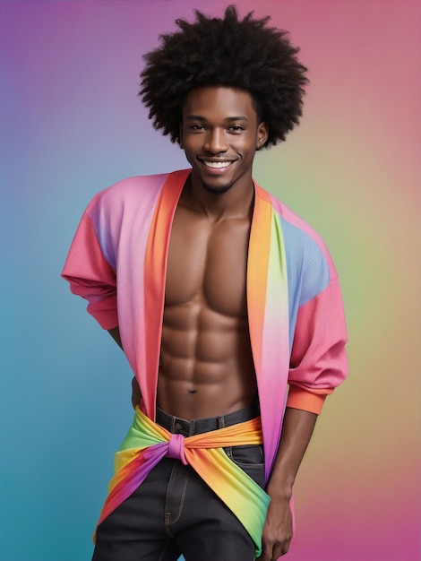 Black Male Model Posing on a Rainbow Background