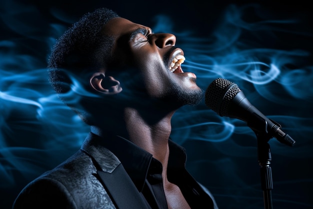 black male singer singing with microphone in front of dark background