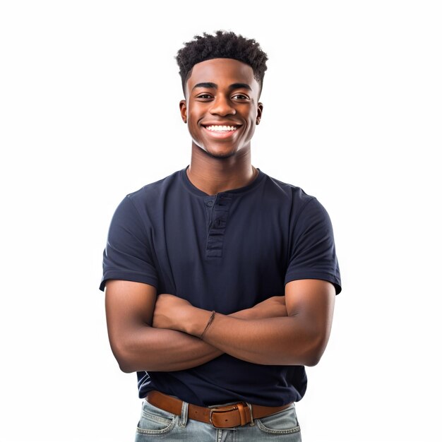 A black male student stands with his arms crossed smiling happily on white background