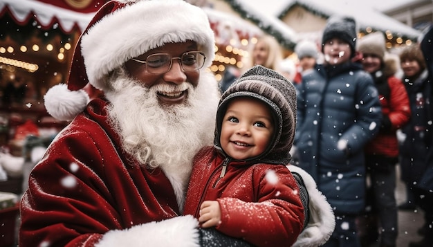 A black man an african american in santa clause sits in a chair with a cute child child sitting on