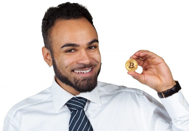 Black man businessman holding bitcoin isolated on white background