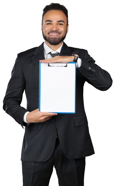 Black man businessman with a clipboard isolate on white