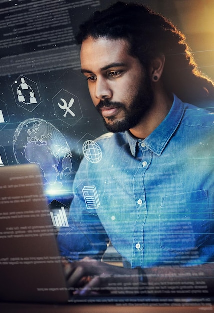 Black man coding and global network with icons laptop and app with digital transformation and overlay IT cyber with programming and software update with Earth hologram 3D and cloud computing