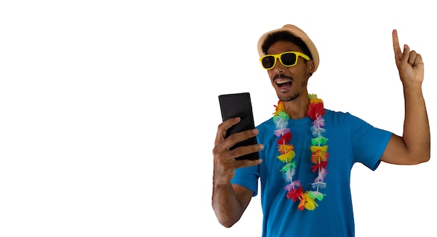 Black man in costume for brazil carnival holding mobile isolated African man in various poses and expressions