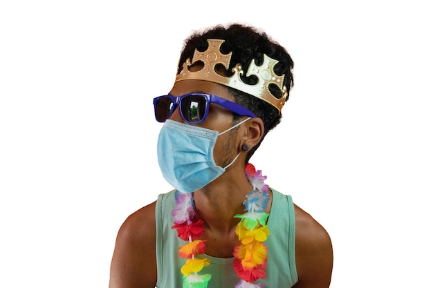 Black man in costume for carnival with pandemic mask isolated African man in various poses and expressions