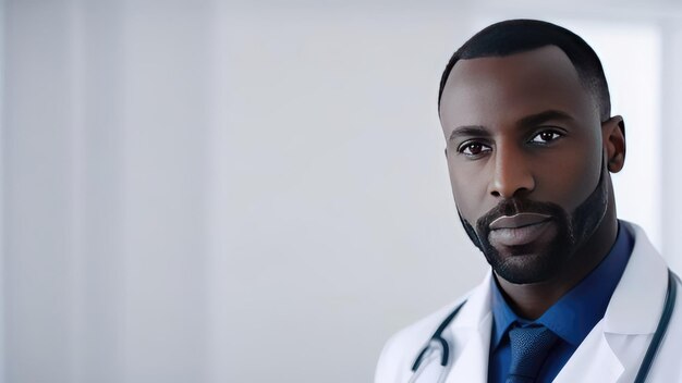 black man doctor in a white coat with a sweet smile against the background of a hospital ward The concept of modern medicine health