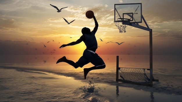 Black man doing sports playing basketball on sunrise jumping silhouette