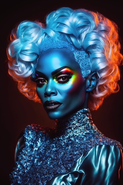 Black man in drag queen style with makeup in women dress Generative AI