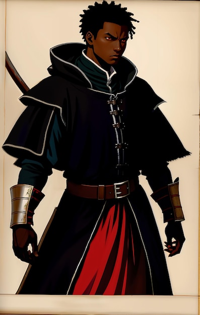 чернокожий мужчина, одетый как средневековый охотник