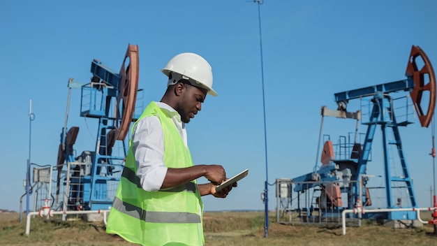 Black man enters information in tablet about jackpump work