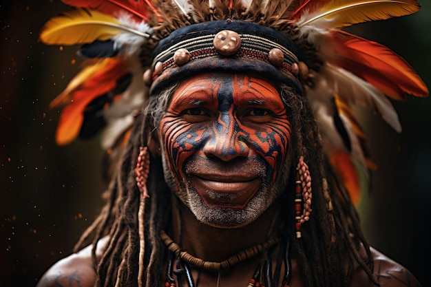 Black man from an Indian tribe close up with dreads and a red face paint on his forehead and cheeks