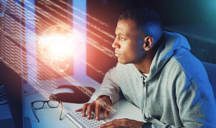 Photo black man hacker and code glitch overlay of cybersecurity problem with coding graphic for cybercrime programmer night and software update on computer with hacking expert writing algorithm system