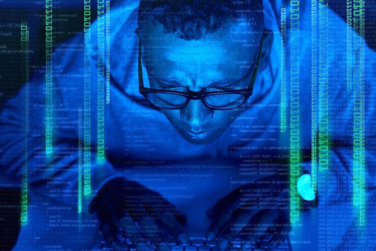 Photo black man hacker and cracking code overlay of cybersecurity error with coding graphic for cybercrime programmer night and software update on computer with hacking expert writing algorithm system