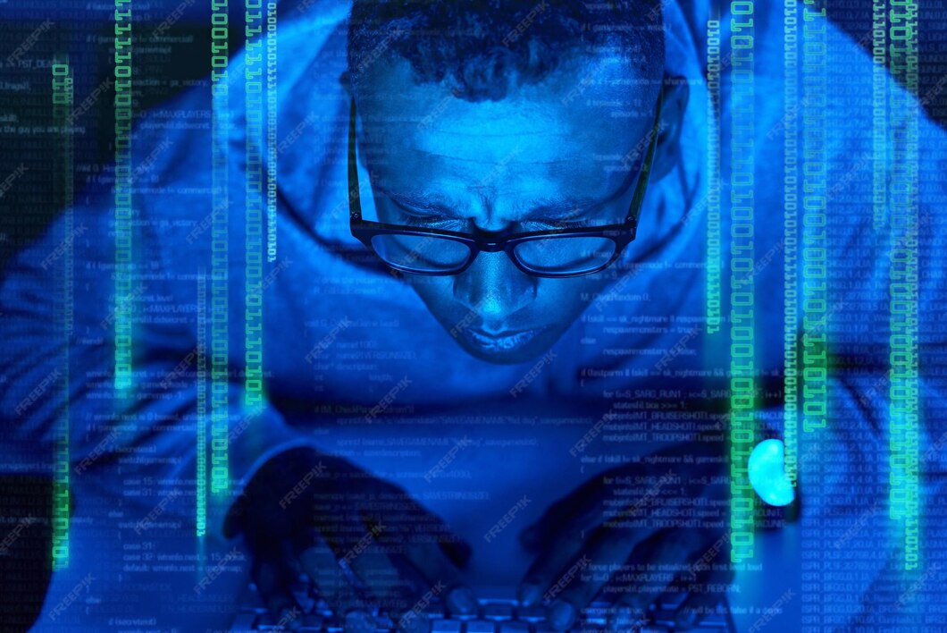 Premium Photo | Black man hacker and cracking code overlay of ...