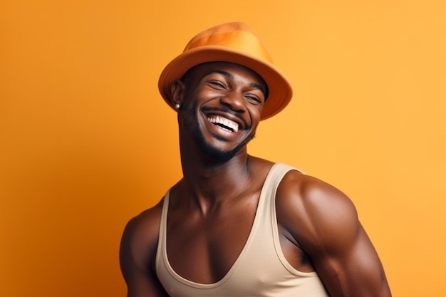 A black man in a hat smiles and laughs