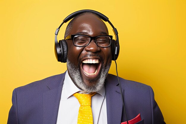 Photo black man in headphones listens to music on a yellow background ai generated